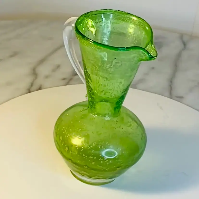 #0314 Vintage green art glass jug Gold Flake Oro clear handle pitcher