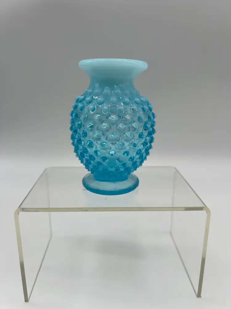 Fenton Mini Miniature Hobnail Bud Vase Blue Opalescent Straight Smooth Top Edge
