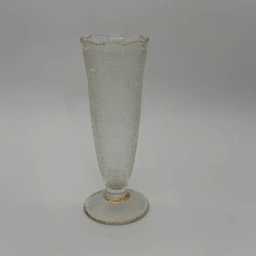 Vintage 1950’s Jeannette Musical Harp & Lyre Glass Vase Cone Shaped 7.5”