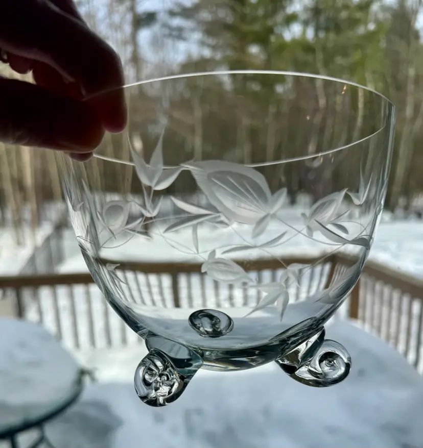 Vintage Floral Etched Crystal Footed Bowl