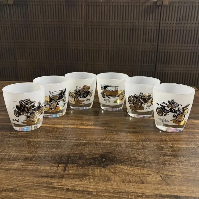 Vintage 50 Cars Cheers Glass Set 6 Packard Ford Cadillac Buick Dodge Oldsmobile