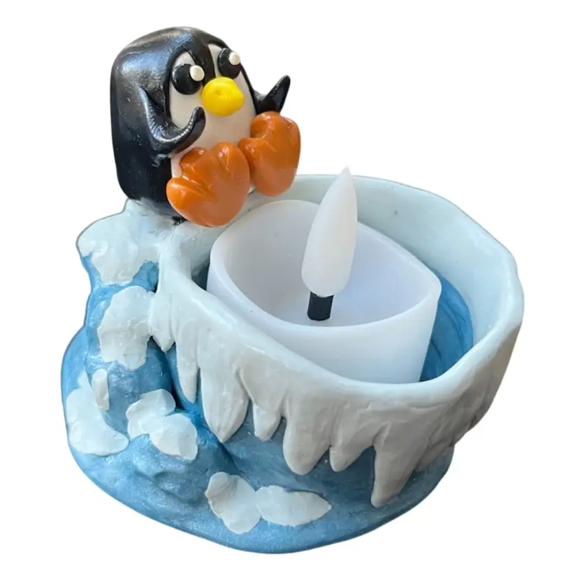 Handmade By Me - Pablo The Penguin Tea Light Holder, Polymer Clay Penguin In Snow Warming Find At “Fire”, Includes Battery Tea Light, Made By NN Artist, Polymer Clay Sculpture, Polymer Clay Penguin Miniature