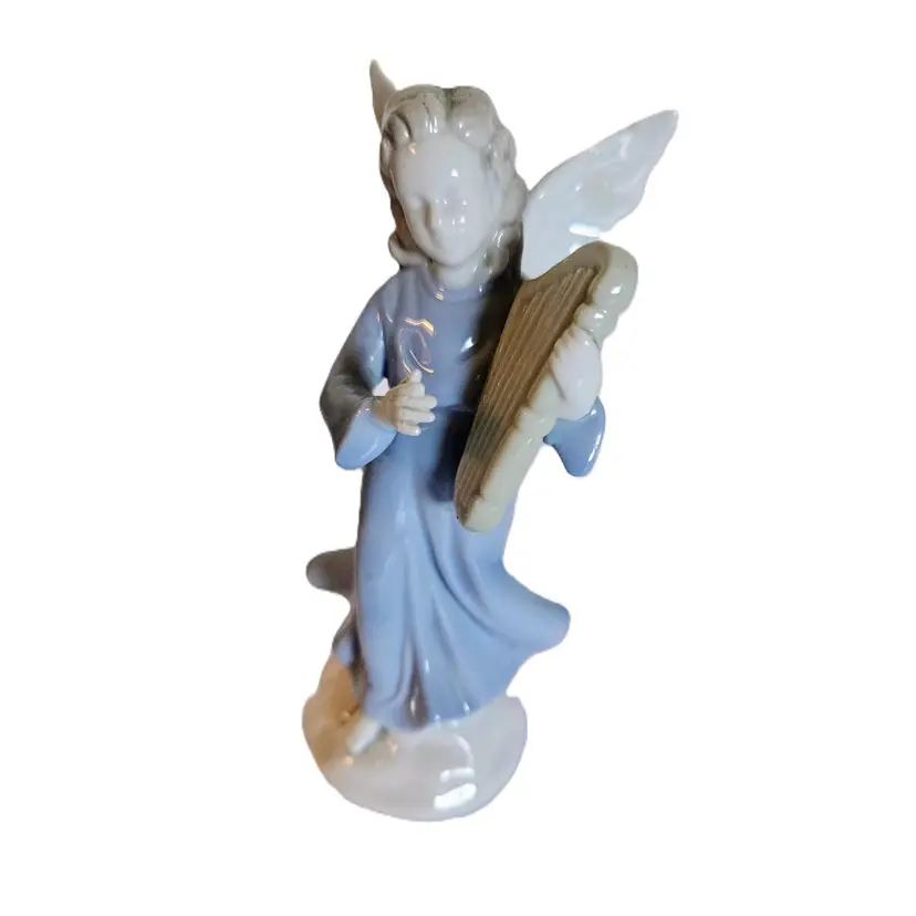 #01 - Vintage Porcelain Angel Playing a Harp, 6" tall x 2.5" wide, White and Pale Blue