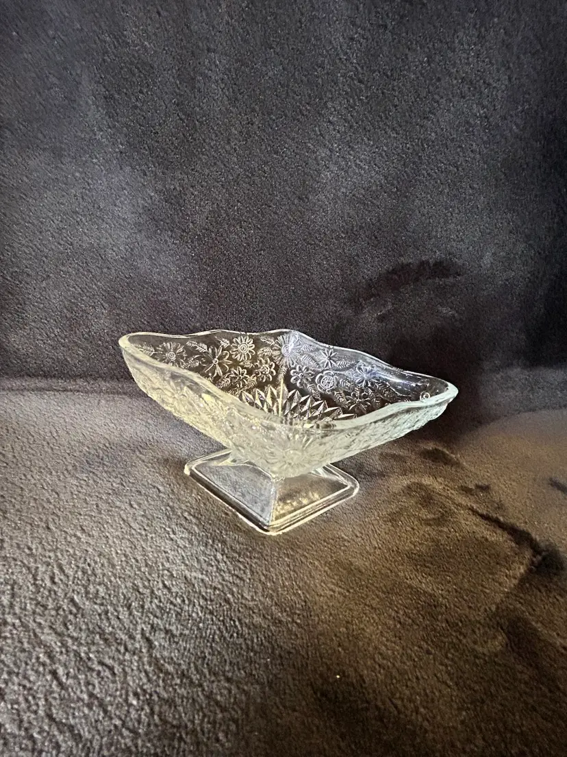 Indiana Glass Pineapple and Floral Diamond Shaped Clear Glass Candy Dish
