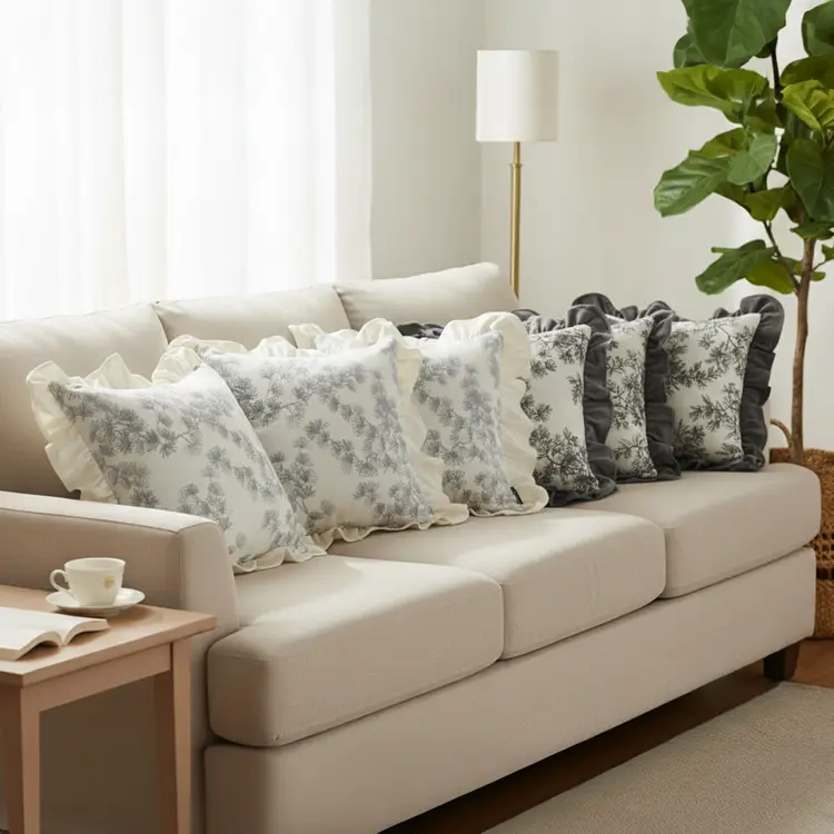 SOGA 6PC Gray & White Floral Ruffle Trim Pillowcases 45cm Decorative Pillow Set