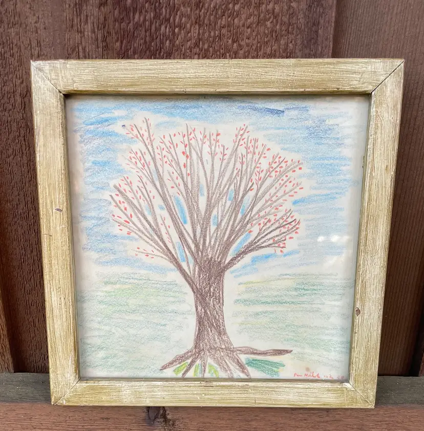 Primitive Folk Art Crayon Tree Drawing Cottage Core Pam Nichols 1950? Framed - VINTAGE