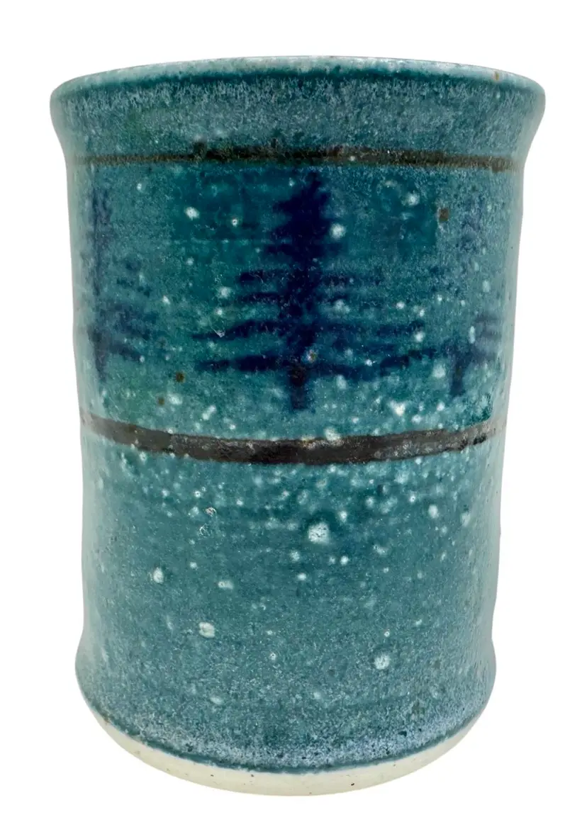 Studio Art Pottery Vase Tumbler Cup Blue Christmas Pine Evergreen Tree Snow 4.5”