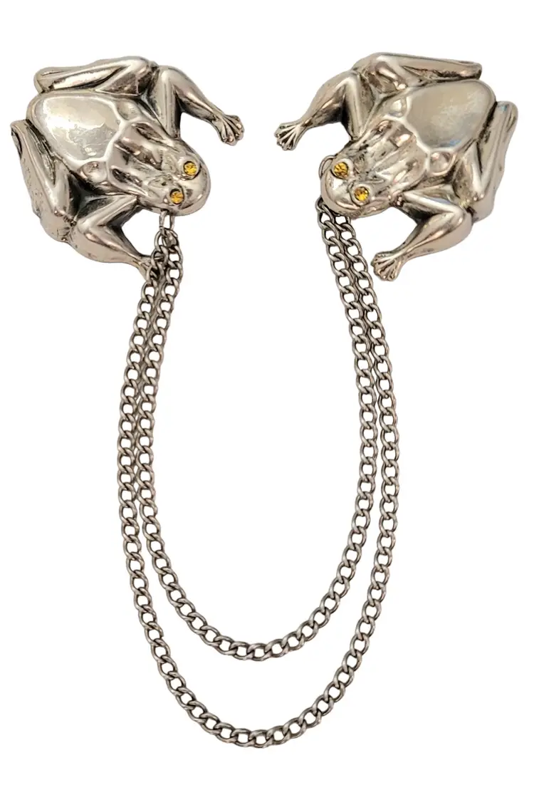 Sterling Silver Yellow Rhinestone Eyes Repousse Frog Chatelaine Brooch Pair, E681