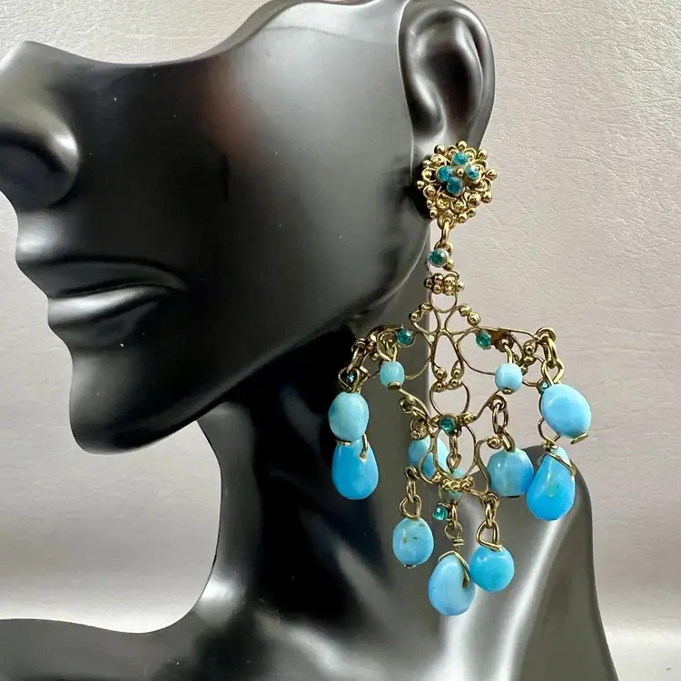 Statement Earrings Gold Tone Faux Turquoise Blue Drop Dangle Chandelier