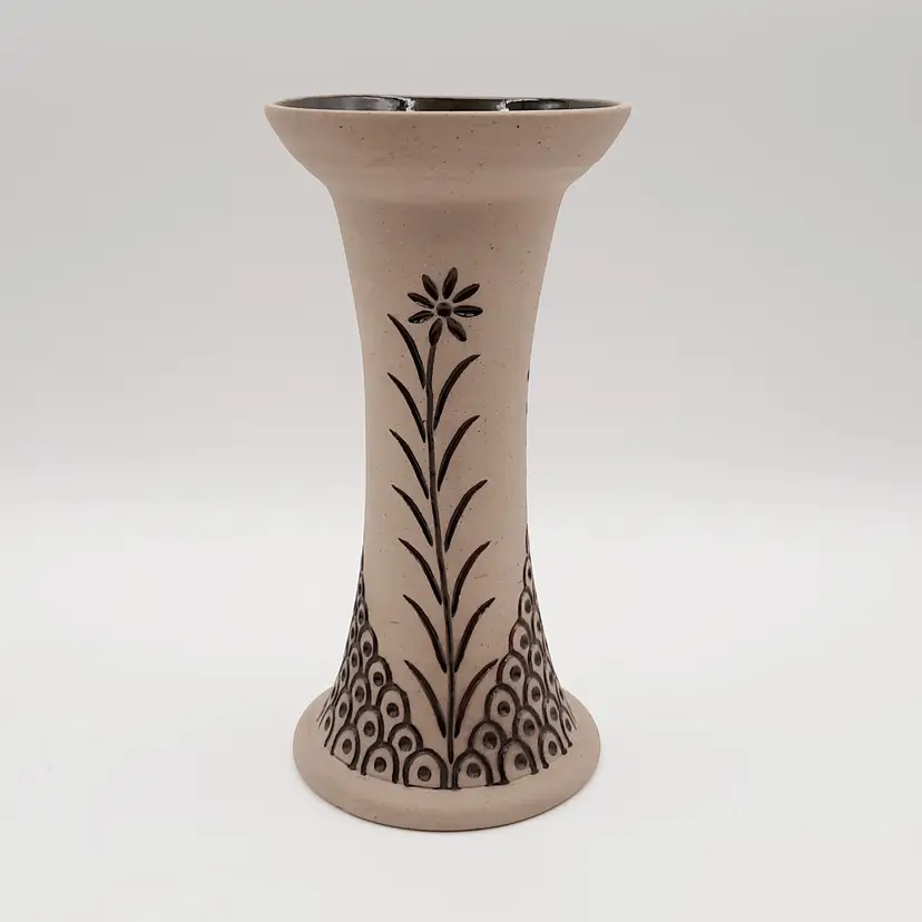 Art Pottery Vase with Dark Brown Glazed Floral Design and Glazed Interior