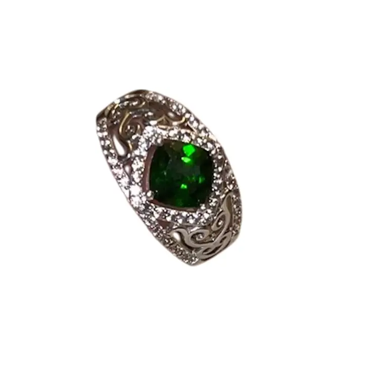 Sterling Synthetic Emerald Ring & White Stones Size 9