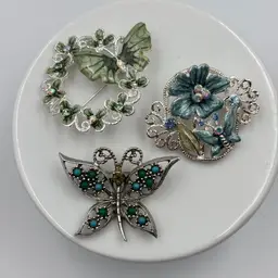 3 Blue & Green Stone Butterfly Costume Brooches