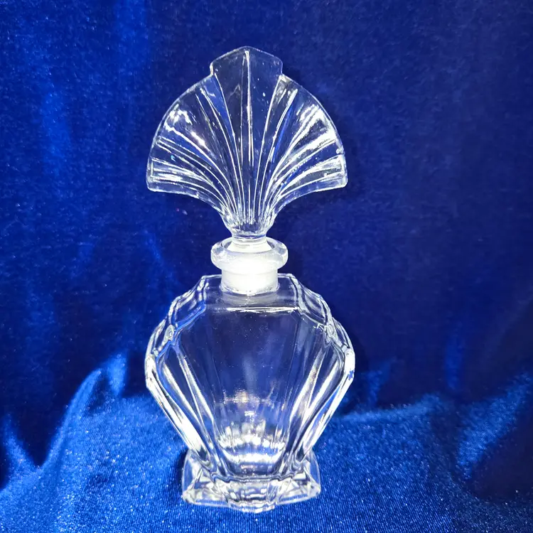 Vintage Art Deco Perfume Bottle Empty with Fan Stopper Crystal 1940"s GLOWS