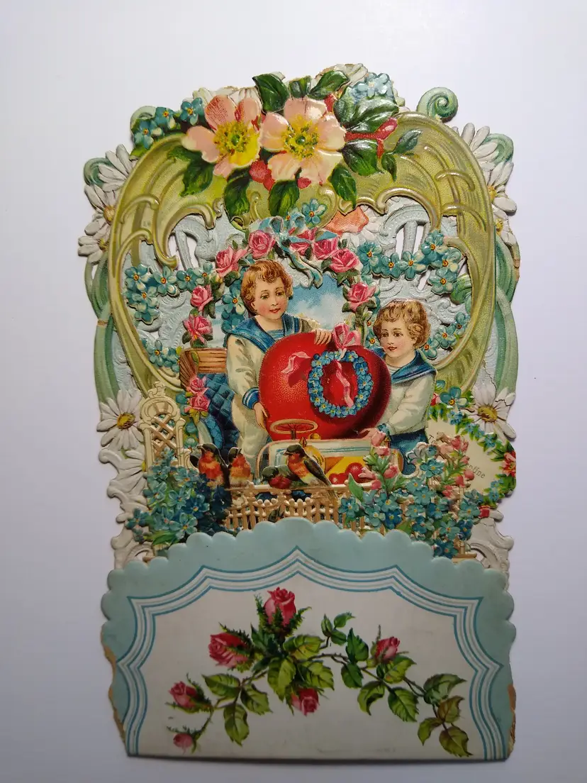 Vintage Victorian Pop-Up Valentine's Day Card Die-Cut 3D Floral Children Birds