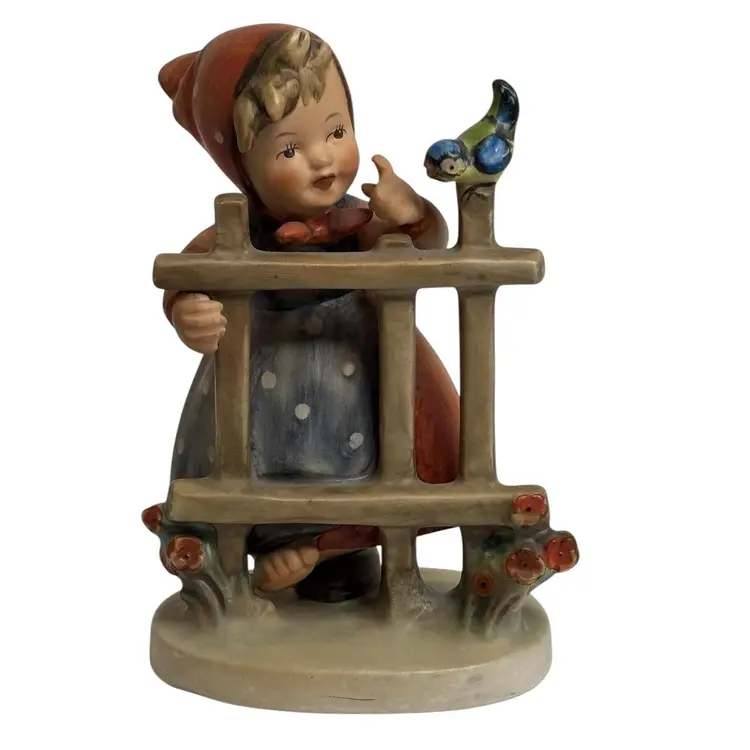 Goebel Hummel Figurine Signs of Spring 203 Girl Fence Bird 1950s