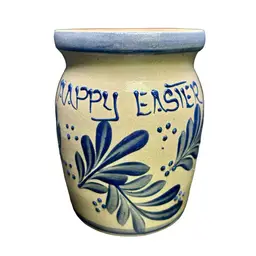 Happy Easter BBP Beaumont Brothers Signed Pottery Crock Blue 5.25”