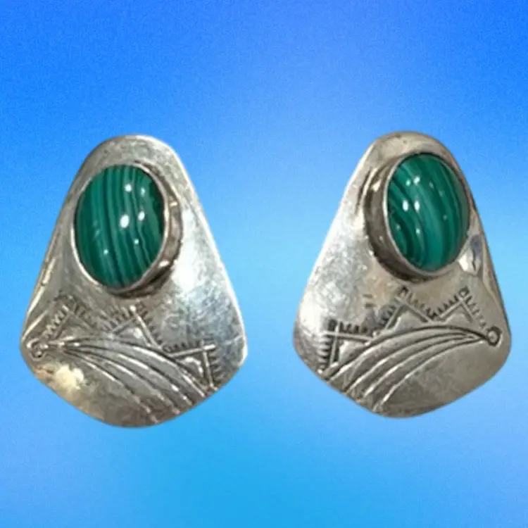 Vintage Navajo Stamped Design Sterling Silver Malachite Cabochon Post Earrings, 1”, 4.7g