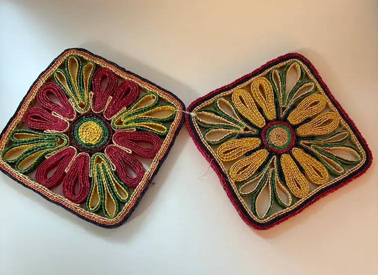 Colorful Rafia Trivets-Set Of Two 7” X 7”