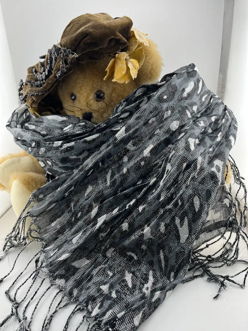Metallic Black, Grey & White Leopard Print Scarf with Fringe. 72" x 23". In