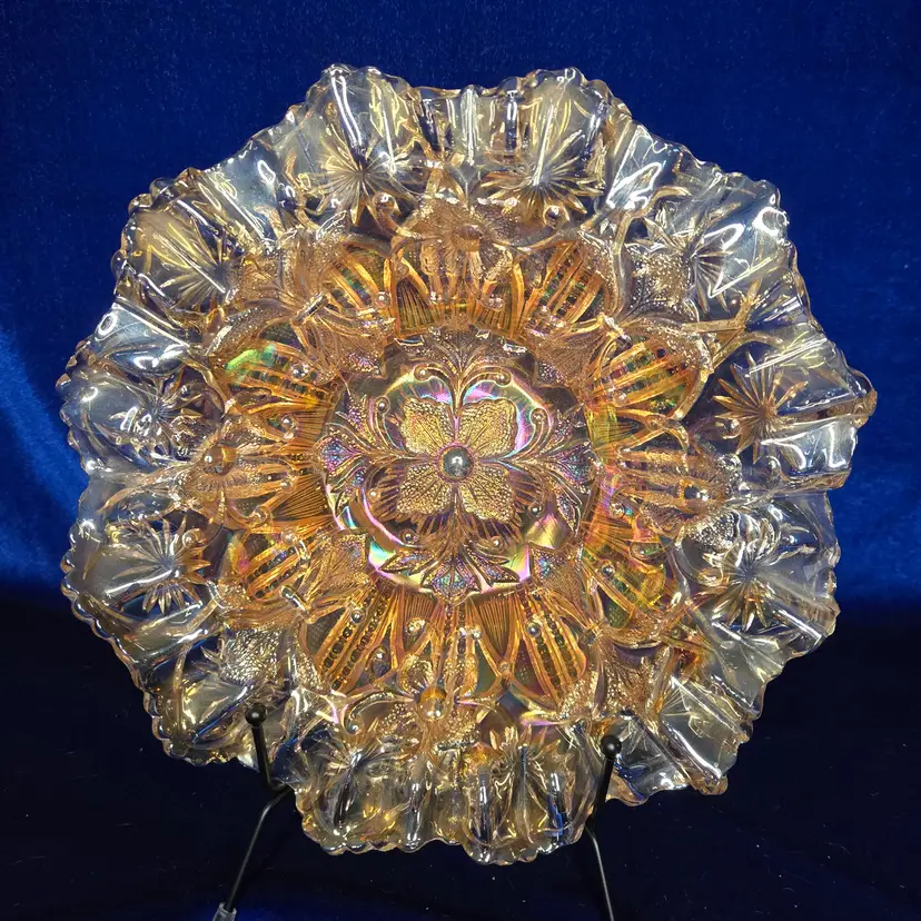 243  Antique Millersburg Fleur de Lis Bowl Marigold Carnival 3-1 Edge 1920s