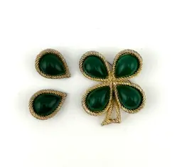 Vintage Signed Tortolani Gold Tone Green Glass Brooch and Clip-on Earring Set