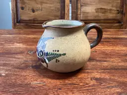 3206-Vintage Folk Art Tonala Pottery Mexican Pitcher with Bird & Floral Design