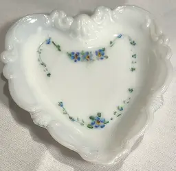 Vintage, milk glass, hand painted flowers/leaves, heart shaped trinket dish
