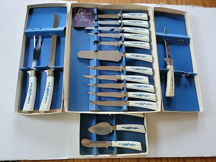 Vtg Sheffield English Blades Blue Cornflower Cutlery Box Knife Set Knives 18pc