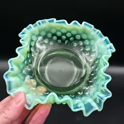 Vintage Fenton Green Opalescent Hobnail Ruffled Dish Uv Glow