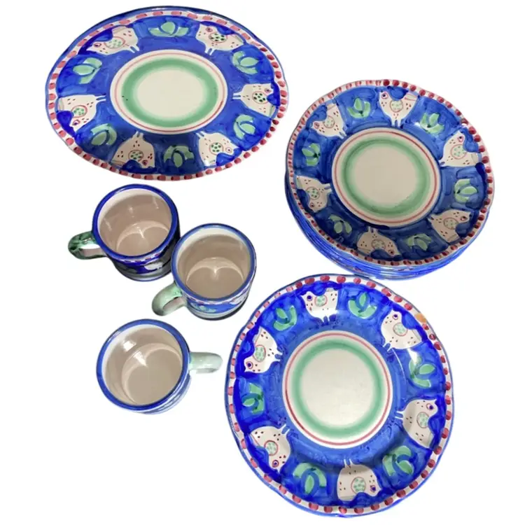 Vietri Solimene Blue Campagna Chicken 10" Dinner Plates 
& 4” Mugs Made in Italy