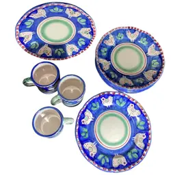 Vietri Solimene Blue Campagna Chicken 10" Dinner Plates
& 4” Mugs Made in Italy
