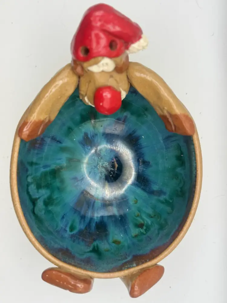 Bill Hicks Art Pottery Reindeer Santa Bowl Signed  - As Is