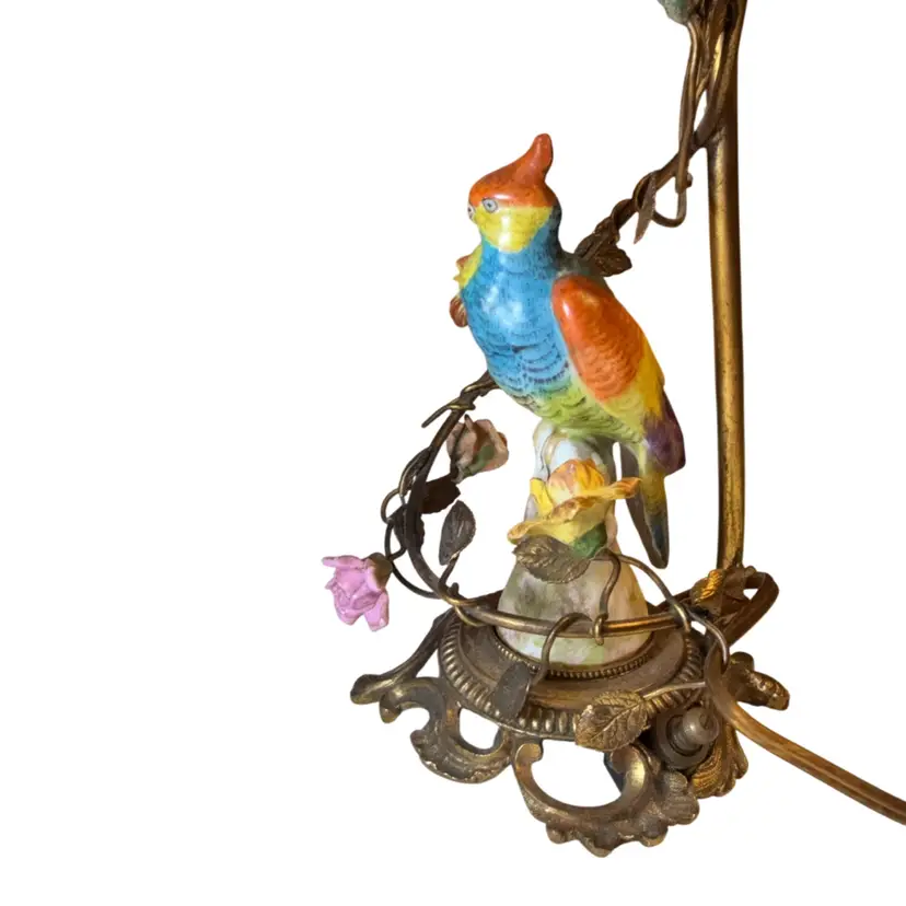 Antique French Tole Porcelain Gilt Brass Parrot Lamp - Rewired - Original Silk Shade - 14”