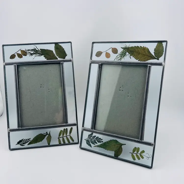 Vintage Leaded Glass Pressed Leaves Photo Frames Set Of 2 - For 3.5”x 5” Photos
