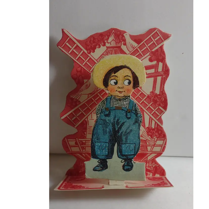 Antique Valentine Dutch Boy Windmill Dove Greeting Card 3-D Die-Cut Stand Up