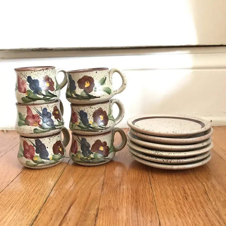 Hand Painted Floral Studio Art Pottery Speckled Espresso Cup Saucer Set of 6