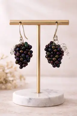 Vintage Style Grape Earrings Purple Beaded Cluster Dangle Artisan Style
