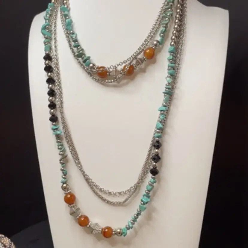 Turquoise Chip Amber And Glass Silvertone 40 Inches Long