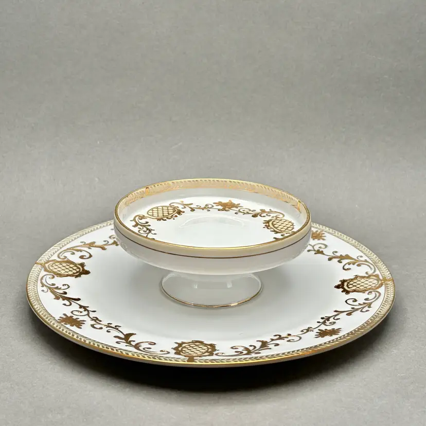 Vintage Nippon Hand Painted Porcelain Tiered Tidbit Tray with Gold Filigree and Lattice Design