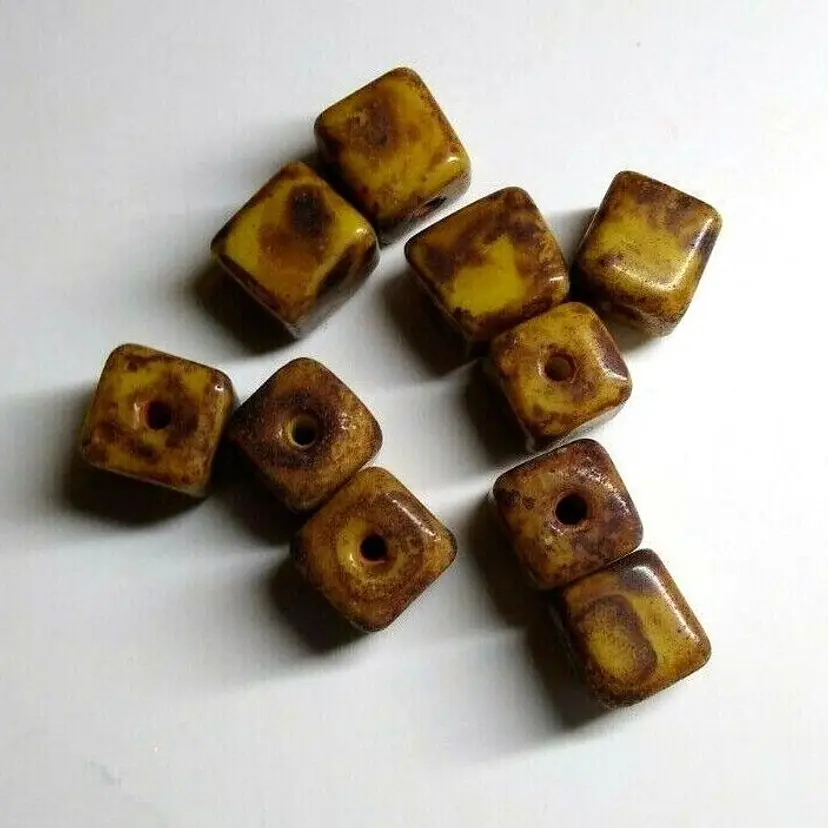 Lot Of 10 Czech 1950s Vintage Picasso Glass Cube Bead Light Brown UNUSED NOS
