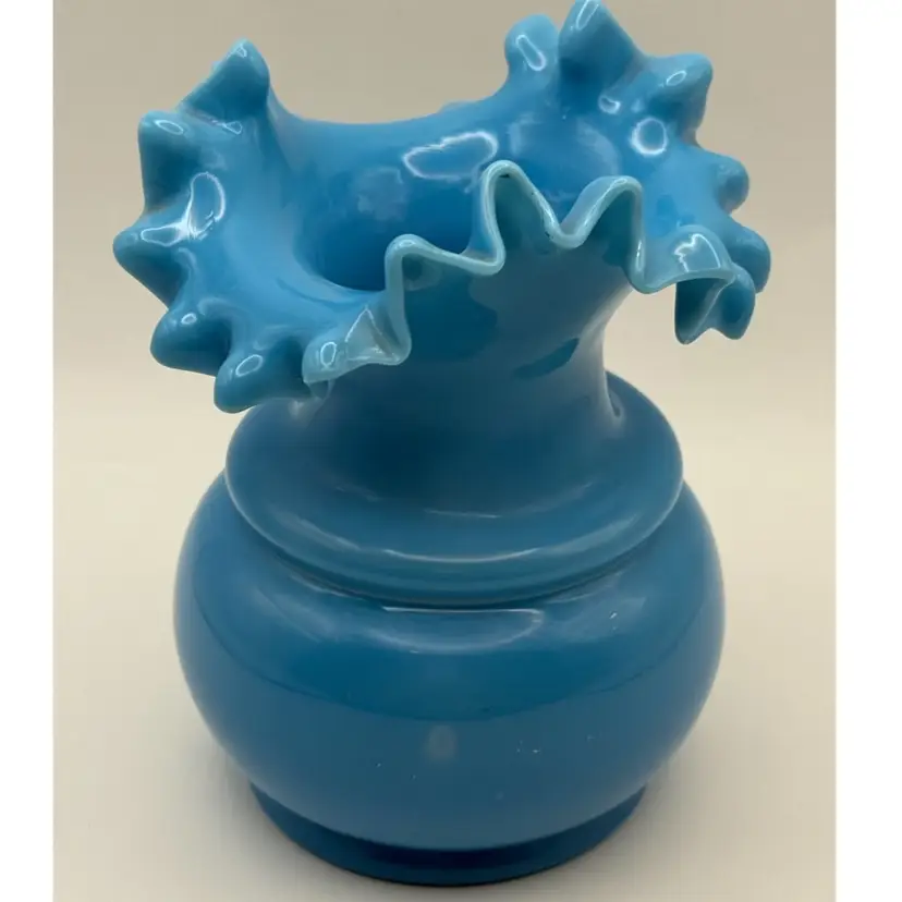 Vintage Blue Opaline Handblown Ruffled Vase