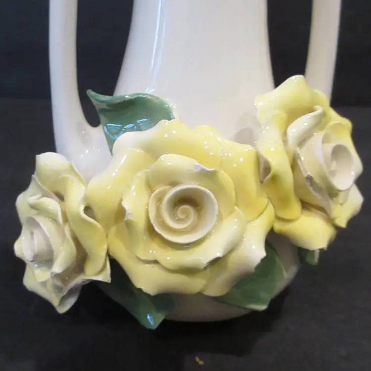 VINTAGE Art Deco MCM Capodimonte Style Porcelain Bud Vase w/ Yellow Roses - 7.5" Tall
