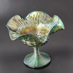 Imperial Green Carnival Glass Ruffled Rim Compote.