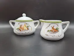 Hand Painted Nippon Antique Childs Creamer & Sugar Set with Rabbit Peter Rabbit Image