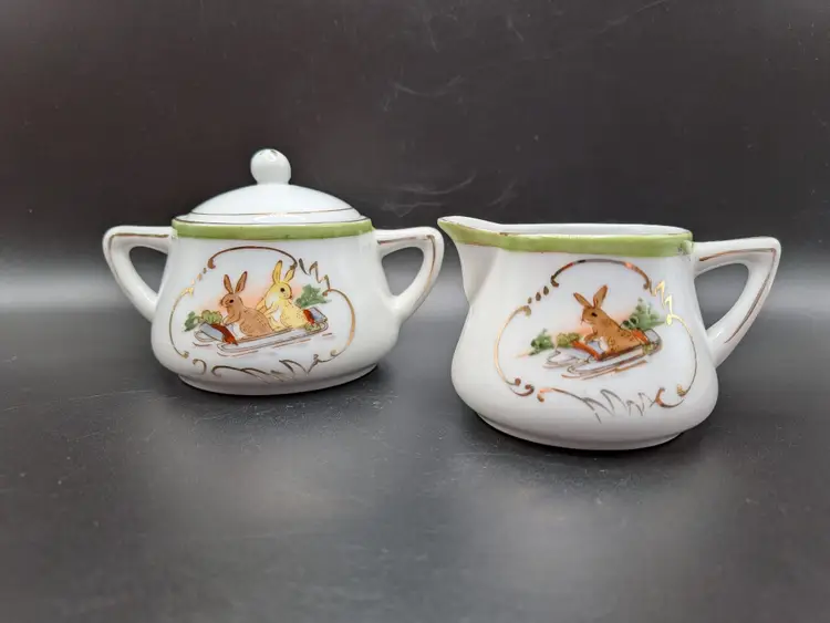 Hand Painted Nippon Antique Childs Creamer & Sugar Set with Rabbit Peter Rabbit Image