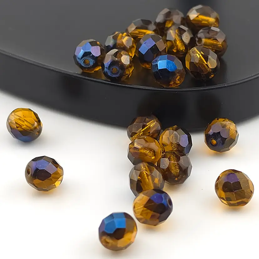 40pcs 8MM Czech Glass Beads, brown with electroplated blue #BC105