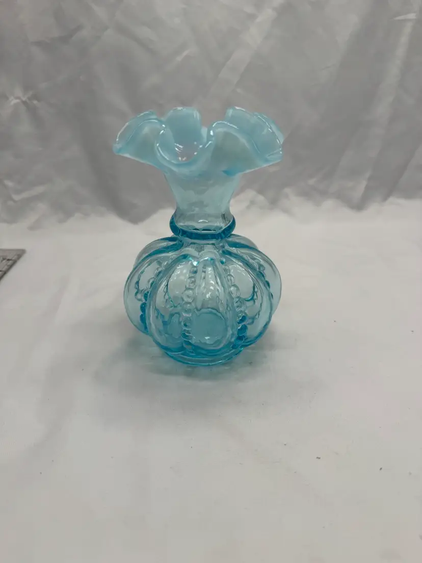 VTG Fenton blue opalescent ruffled edge vase