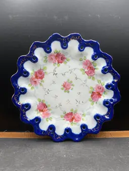 #953B Vintage Nippon 9 1/2” Plate Handpainted Roses Cobalt Blue With Gold Detailing