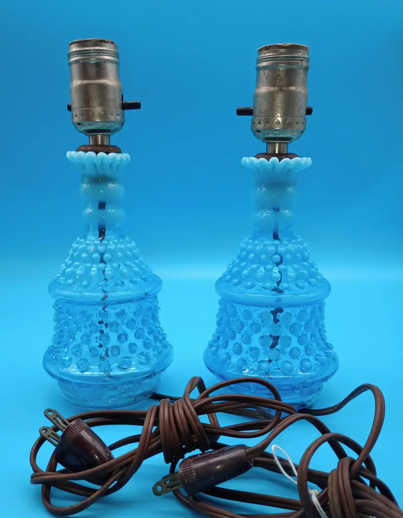 Vintage Fenton (Blue With Ice Blue Crested Accents) Hobnail Glass Lamps