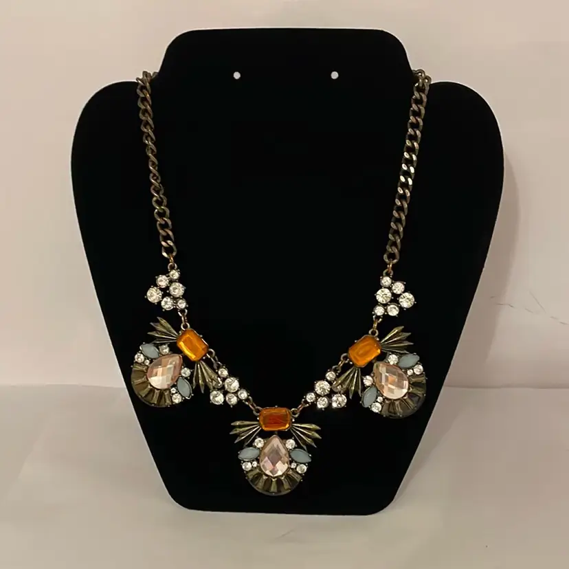 #509 Orange, Blue, Rhinestone Necklace Statement Piece